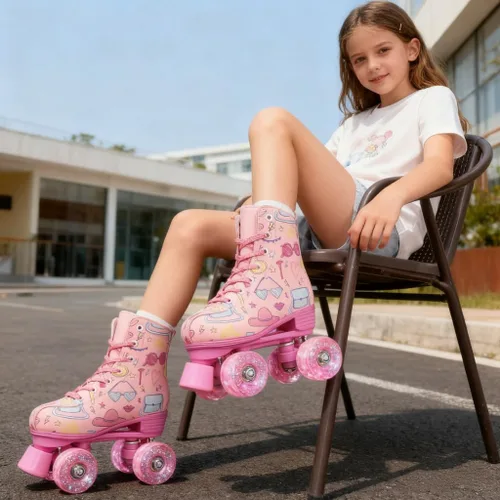 Miniatura 3 de Patines de dibujos animados para niñas y mujeres, patines de doble fila con ruedas iluminadas, patines de piel sintética con cordones, patines