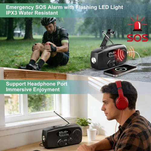 Miniatura 5 de Radio de emergencia meteorológica, radio de manivela solar portátil AM/FM/NOAA, cargador de teléfono celular con SOS, linterna LED de 1 W, conector