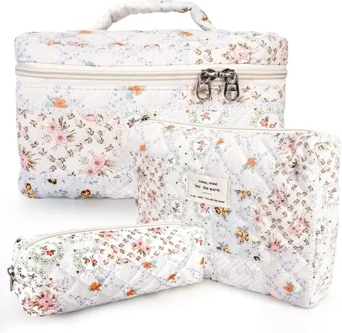 Miniatura 18 de GISMTR 3 Bolsas de Maquillaje Acolchadas de Algodón Grandes de Viaje Bolsa de Cosméticos Bolsa de Maquillaje Coqueta Bonita Bolsa de Tocador Floral