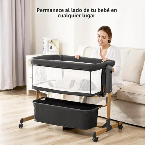 Miniatura 5 de Moisés para bebé, cuna mecedora 3 en 1 para bebé con altura ajustable de 6 niveles, 4 ruedas y paredes de malla transpirable, cuna portátil con Gris