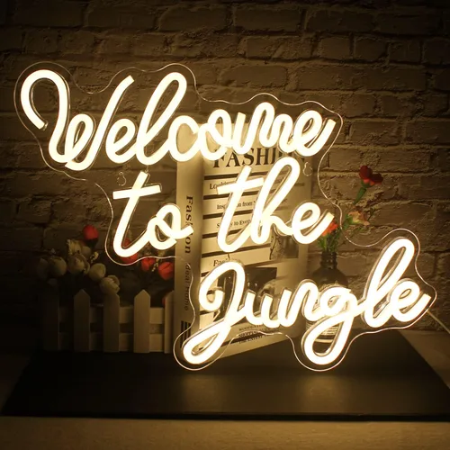 Letrero de Neón "Bienvenido a la Jungla" en Blanco Cálido, Letrero de Luz LED para Decoración de Pared, Letra USB Iluminada para Dormitorio,