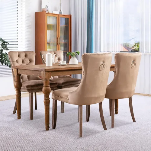 Miniatura 2 de Juego de 4 sillas de comedor de terciopelo, sillas de comedor tapizadas acolchadas con ribete de tachuelas y patas de madera maciza para cocina