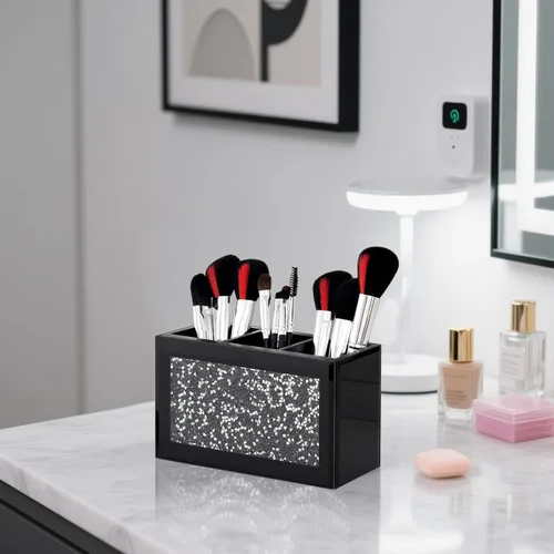 Miniatura 5 de SHYFOY Organizador Portacepillos de Maquillaje Negro, Organizador de Almacenamiento de Cepillos de Cosméticos de 3 Ranuras de Vidrio con Diamante