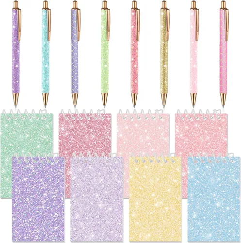 Miniatura 8 de Sherr Juego de 16 bolígrafos y cuadernos con purpurina, mini bloc de notas en espiral, bolígrafos elegantes para niños, niñas, mujeres, lentejuelas