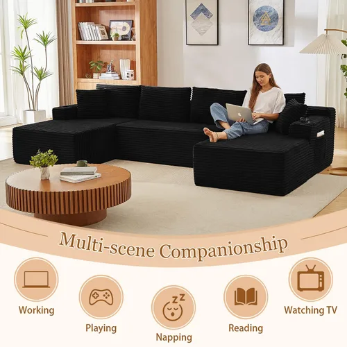 Miniatura 7 de Sofá cama modular de 134 pulgadas, sofá de nube deshuesado para sala de estar, sofá de 5 asientos en forma de U con 2 bolsillos de almacenamiento
