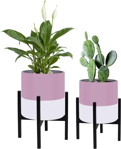 Miniatura 14 de Juego de 2 macetas con soportes, macetas de mediados de siglo para plantas de interior, macetas decorativas modernas para flores para balcón, Blanco