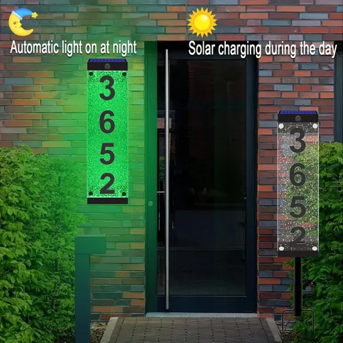 Miniatura 5 de Números solares de casa para exteriores, letrero de dirección solar de acrílico con estacas de hierro, control remoto impermeable RGBW que cambia