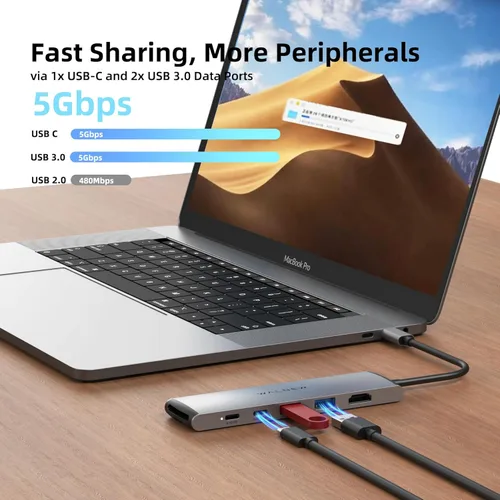 Miniatura 3 de Hub USB C, WALNEW 7 en 1, estación de acoplamiento USB-C con HDMI 4K, 100 W PD, 3 puertos de datos de 5 Gbps (1 USBC y 2 USB 3.0), lector de Gris