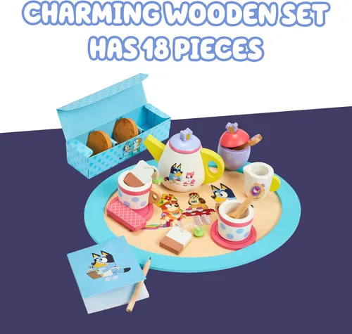 Miniatura 3 de 8th Wonder Bluey Toys - Juego de Fiesta de Té de Madera, Juego de Té Duradero de 18 Piezas con Bandeja, Tetera, Cucharaditas y Más, Juego