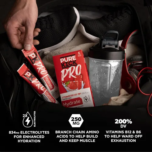 Miniatura 3 de PURE KICK PRO Mezcla para Bebida de Hidratación con Electrolitos, Paleta de Hielo de Fresa, Incluye 1 Caja con 6 Sobres en Cada Caja