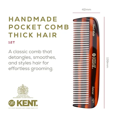 Miniatura 2 de Kent 12T Peine de cerdas anchas para desenredar hecho a mano - Peine de bolsillo para cabello grueso, rizado y ondulado, dientes grandes para peinar