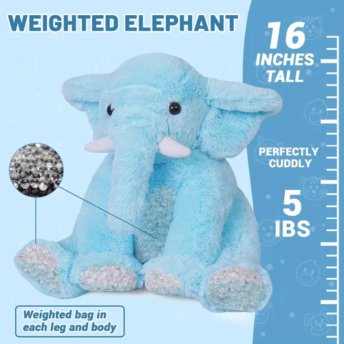 Miniatura 2 de JellyMallow Animales de peluche con peso de elefante, 5 libras y 16 pulgadas, color azul, almohada grande de peluche de elefante con peso, regalo