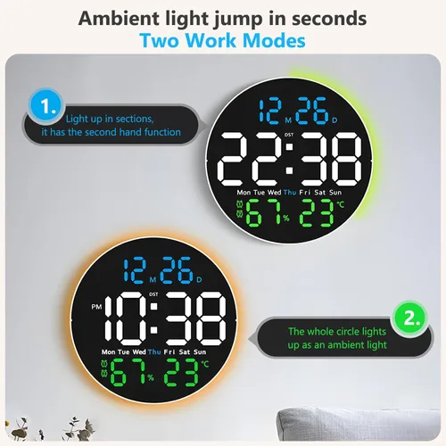 Miniatura 2 de Reloj de pared digital, pantalla LED grande de 10 pulgadas, reloj digital con luz RGB, control remoto, atenuador de brillo automático con luces