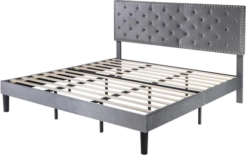 Miniatura 8 de SHA CERLIN Marco de cama de terciopelo tamaño King con cabecera ajustable, acolchado con botones de diamante y decoración de remaches, no necesita