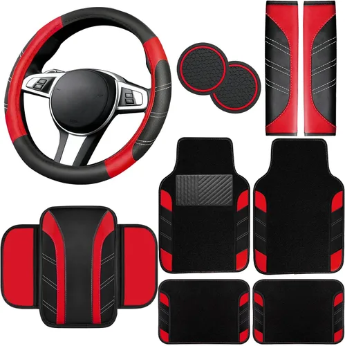 Miniatura 13 de NBTEPEM Juego de 6 accesorios de automóvil beige, funda de cuero deportivo para volante de 14.5 a 15 pulgadas, universal, funda de cuero