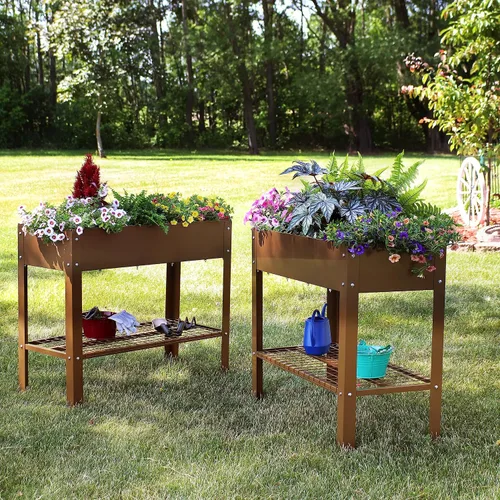 Miniatura 4 de Sunnydaze Cama de jardín elevada de acero galvanizado, juego de 2 jardineras elevadas, uso individual o conectado, cuenta con estante de Marrón