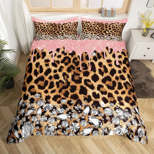 Miniatura 9 de Manfei Juego de funda de edredón de piel de animal, tamaño individual, funda de edredón con estampado de cebra de leopardo con 1 funda de almohada