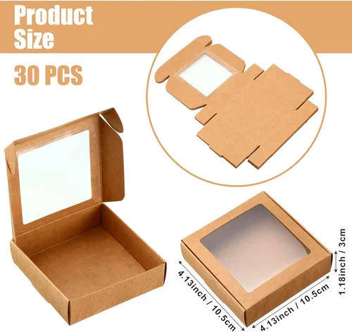 Miniatura 2 de Zonon 30 cajas de papel kraft con ventana de 4.13 x 4.13 x 1.18 pulgadas, para embalaje de caramelos, cajas de regalo pequeñas, soporte para Marrón