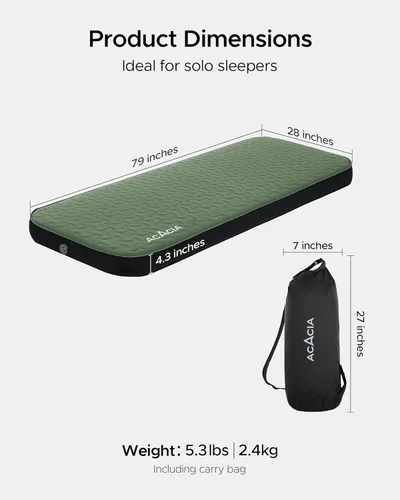Miniatura 9 de Acacia 4" Thick Self Inflating Sleeping Pad with Foam, Innovative Y-Shaped Telescopic Structure, Ultraportable Camping Air Mattress with Pump Sack