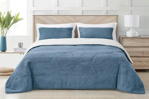 Miniatura 3 de Chezmoi Collection Wynne - Juego de edredón sherpa de panal de 3 piezas, ropa de cama reversible de doble cara, tamaño matrimonial, color azul