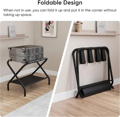 Miniatura 3 de Smuxee Portaequipajes Negro Paquete de 2, Soporte Plegable para Maletas con Estante de Almacenamiento de Tela, Portamaletas con 4 Correas de Nailon