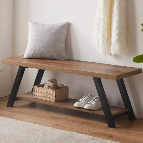 LVB Banco de Entrada Industrial, Banco de Almacenamiento de Madera y Metal para Sala de Estar y Comedor, Banco de Zapatos de Estilo Campestre para