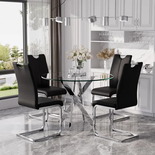 Miniatura 11 de Juego de mesa de comedor redonda moderna de vidrio de 36 pulgadas para 2, mesa de comedor de vidrio con patas cruzadas de metal, mesa de cocina