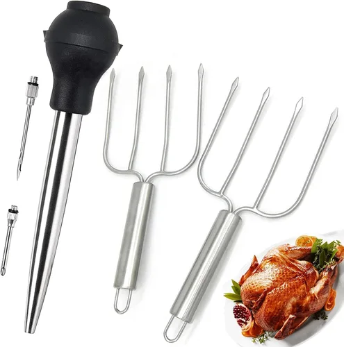 KAYCROWN Kit de asado de Acción de Gracias – Levantador de pavos y pavos y asados de acero inoxidable con 2 agujas de adobo y tenedores de pavo de