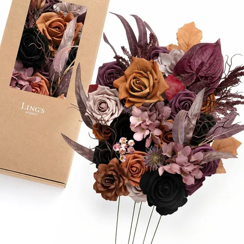 Miniatura 25 de Ling's moment Caja de Flores Artificiales, Tallos de Follaje Artificial de Espuma, Rosas de Seda, Girasol, Eucalipto, Flor de Tela para Centros