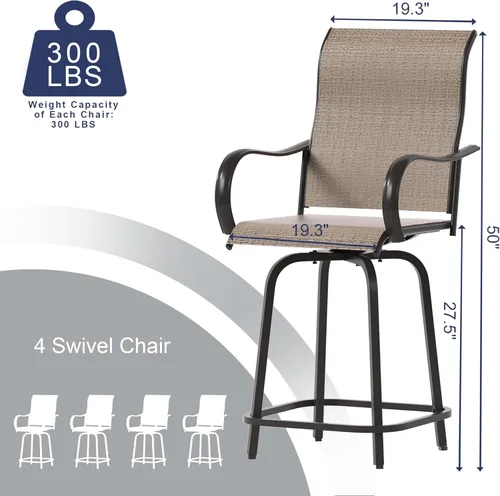 Miniatura 3 de UDPATIO Juego de 4 taburetes de bar giratorios para exteriores, taburetes altos para exteriores con tela textil impermeable, reposabrazos, Marrón
