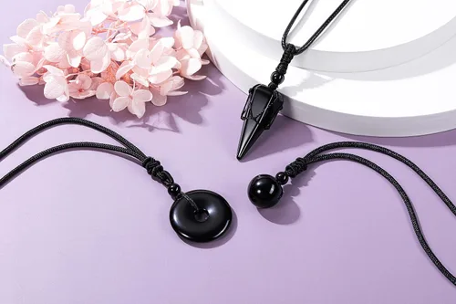 Miniatura 4 de Jovivi Juego de 3 collares de piedra de cristal curativo para hombres y mujeres, amatista natural, obsidiana negra, ojo de tigre, piedras preciosas