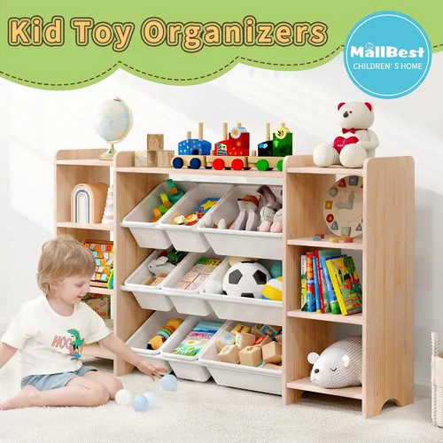 Miniatura 4 de MallBest Estante organizador de almacenamiento de juguetes para niños de 4 niveles, 100% madera maciza, armario de almacenamiento extra ancho