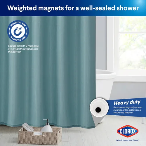 Miniatura 6 de CLOROX Cortina de ducha para baño con juego de forro de PEVA impermeable y liviano, tamaño estándar para baño, con imanes con peso y 12 ganchos