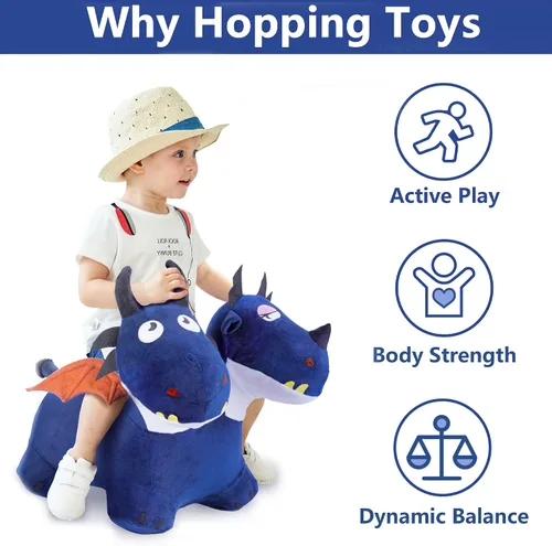 Miniatura 2 de iPlay, iLearn juguetes de animales saltarines para niños pequeños, caballo saltarín de felpa azul, dragón inflable para montar con bomba, saltarín