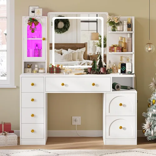 Miniatura 8 de Hasuit - Escritorio de tocador blanco con espejo y luces LED, escritorio grande de tocador de maquillaje con 7 cajones, estantes de almacenamiento
