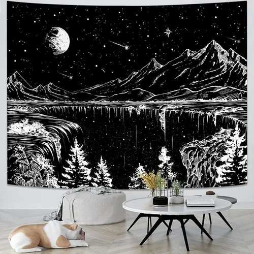 Miniatura 4 de Zussun Tapiz blanco y negro con noche estrellada, tapices de montaña para dormitorio, estética de luna y estrellas, tapiz para colgar en la pared