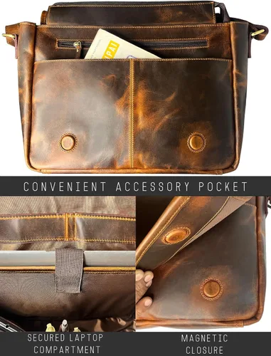 Miniatura 5 de Bolso de mensajero de cuero para hombre, 14 pulgadas, bolso de cuero para laptop, bolso cruzado vintage para oficina, bolso de hombro de viaje Marrón