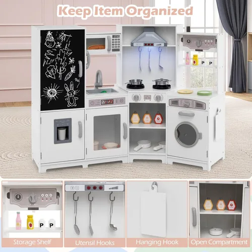 Miniatura 5 de Costzon Cocina de Jugar de Rincón con Luces, Sonidos, Gran Juego de Cocina de Pretensión con Pizarra, Microondas, Accesorios de Cocina, Juguete