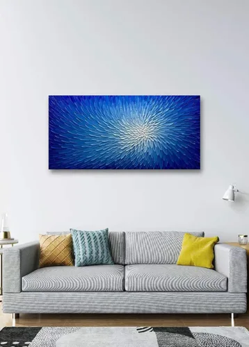 Miniatura 3 de AMEI Arte, 24 x 48 pulgadas, pintado a mano, obra de arte moderna con flores azules y blancas, pintura al óleo de madera en el interior enmarcado