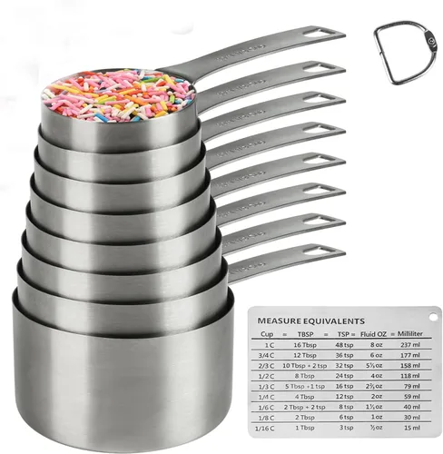 Juego de Tazas Medidoras Hotsyang, Tazas Medidoras de Acero Inoxidable 18/8 para Seco y Líquido, Tazas de Medición de Metal con Tabla de Conversión