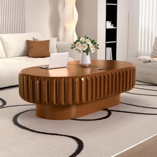 Miniatura 7 de Mesa auxiliar ovalada con almacenamiento, mesa de centro moderna acanalada de 43.3 pulgadas con tapa extraíble para sala de estar, mesa central