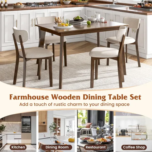 Miniatura 7 de GOFLAME Juego de Mesa de Comedor de 5 Piezas para 4, Mesa de Cocina Estilo Granja y 4 Sillas Tapizadas con Marco de Madera de Caucho, Asiento
