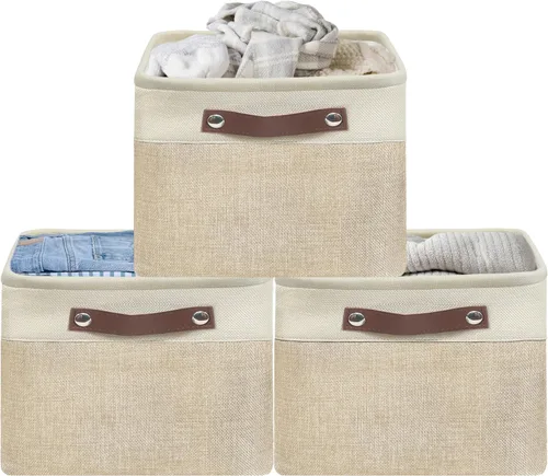 Miniatura 25 de Simple Houseware Cubos de almacenamiento de tela grandes de 13 x 13 pulgadas para armario y organizador de cubos, paquete de 3, color beige