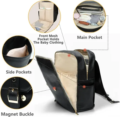 Miniatura 4 de miss fong Bolsa de pañales de cuero para mamá y papá con 12 bolsillos, cambiador de pañales y 4 bolsillos aislados, color negro oscuro