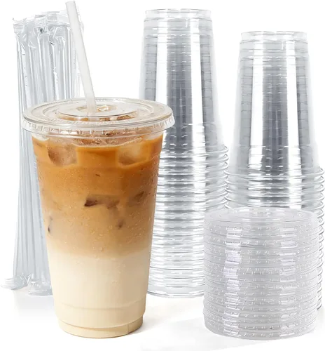 Miniatura 12 de Astomi Vasos de plástico desechables de 10 onzas, tazas de café helado transparentes con tapas y pajitas, vasos de plástico resistentes y seguros
