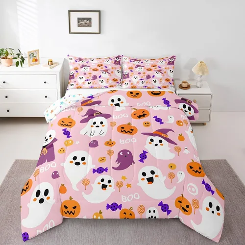 Miniatura 12 de Feelyou Juego de edredón de Halloween, color rosa fantasma, juego de ropa de cama tamaño individual, decoración para niños y niñas, lindo juego