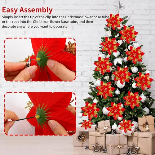 Miniatura 3 de 16 decoraciones artificiales de flor de pascua con purpurina de oro rojo – adornos de Navidad de flor de pascua roja y decoración de árbol
