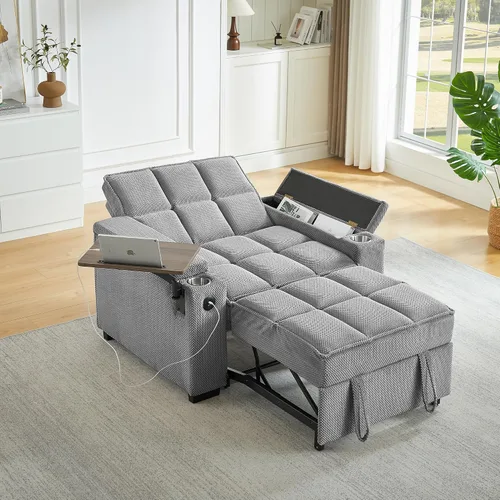 Miniatura 15 de Sofá cama convertible 3 en 1, sofá extraíble con puertos USB, portavasos y reposabrazos de almacenamiento, silla de dormir con mesa auxiliar