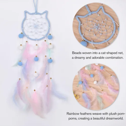 Miniatura 3 de Pretty Jolly - Atrapasueños azul de gato para niños, decoración de pared con pompones y plumas, atrapasueños hecho a mano para niños, decoración