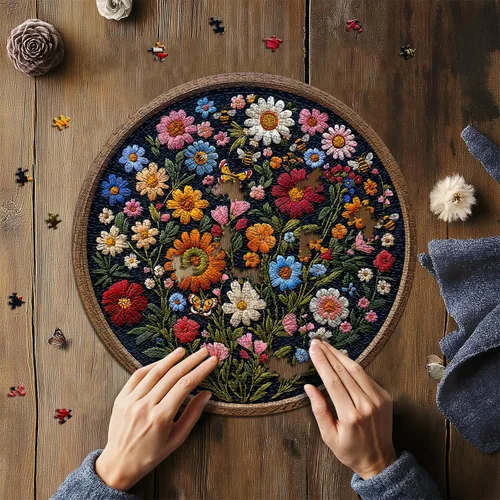 Miniatura 7 de Rompecabezas vintage de flores silvestres para adultos de 1000 piezas, rompecabezas redondo de mariposa abeja planta arte de la naturaleza